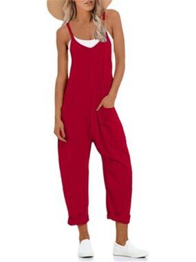 Women’s Casual Jumpsuit Summer Red Romper Sleeveless Loose Overalls with Pockets